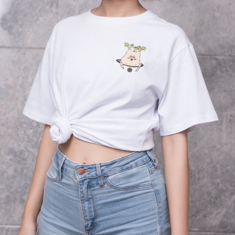 Embroidery T-shirt Mr. Elephants Foot Plants with Sunglasses - เสื้อฮู้ด - ผ้าฝ้าย/ผ้าลินิน ขาว