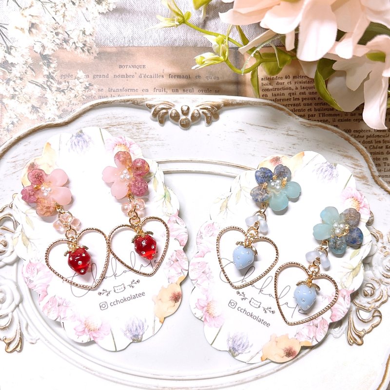 乾花x日本草苺耳環 14KGP耳釘 - 耳環/耳夾/耳骨夾 - 植物．花 粉紅色