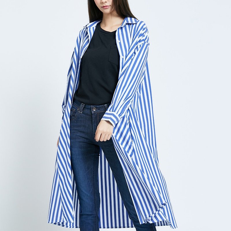 SOMETHING Long Striped Long Sleeve Shirt (Turkey Blue) #Tops#coat - เสื้อเชิ้ตผู้หญิง - วัสดุอื่นๆ สีน้ำเงิน
