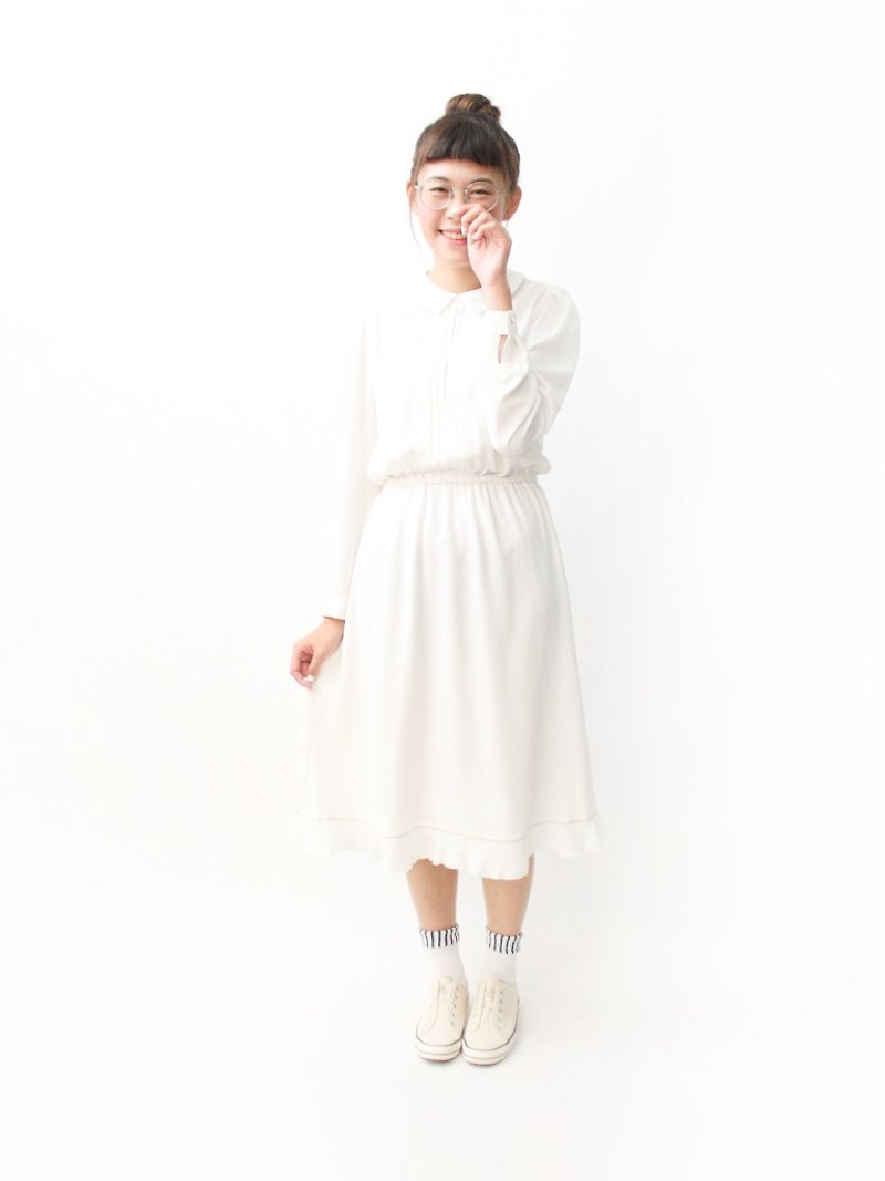 【RE0809D1292】 summer retro 80s simple and elegant milk white long-sleeved ancient dress - One Piece Dresses - Polyester White