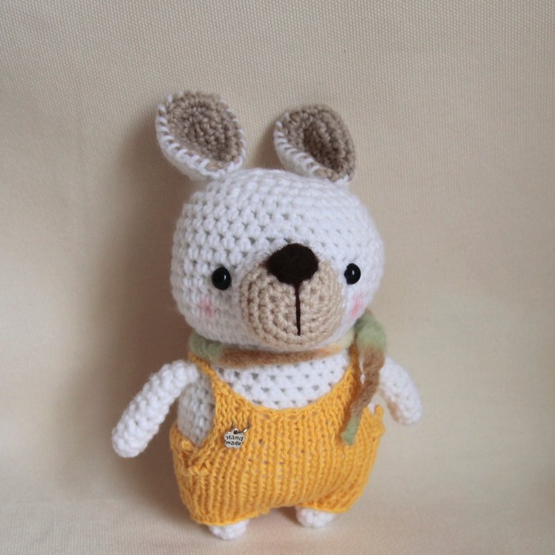 Woolen animal doll handmade doll wool felt yellow overalls white bunny - Stuffed Dolls & Figurines - Polyester White