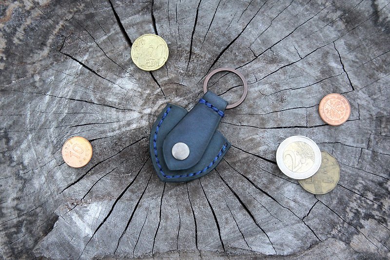 Blue hand-stitched guitar PICK leather case key ring/change storage bag - Keychains - Genuine Leather Blue