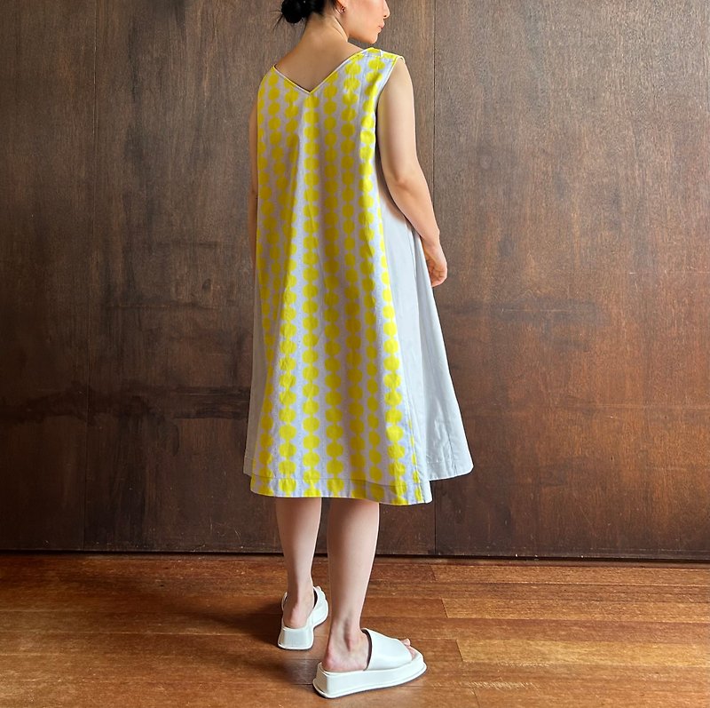 No Sleeve Combination Dress　Yellow Dot Line  /Light Gray - One Piece Dresses - Cotton & Hemp Yellow