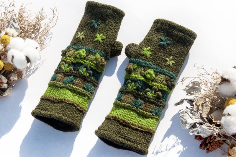 手織純羊毛針織手套/露趾手套/內刷毛手套/保暖手套-立體花朵刺繡 - 手套 - 羊毛 綠色