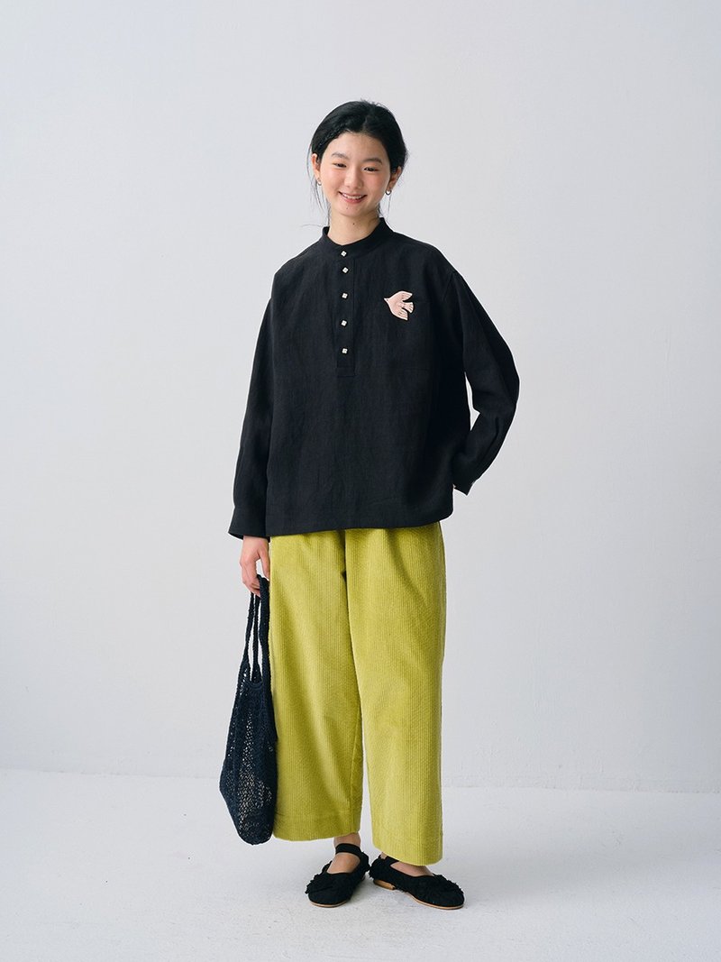 青檸色水洗燈芯絨直筒休閒褲 - 女長褲 - 棉．麻 黑色