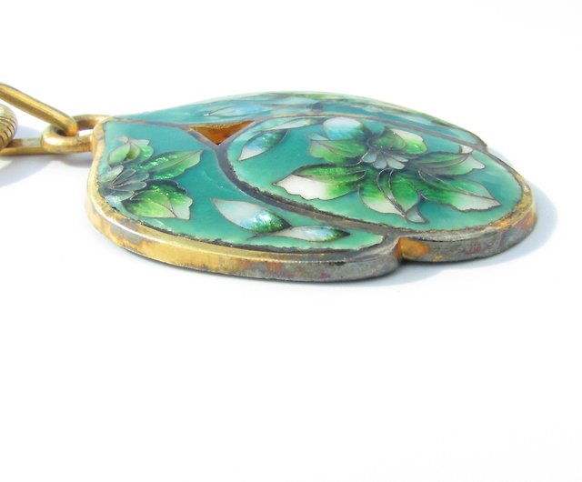 60s Vintage green flower design Cloisonnel necklace - Shop panic 