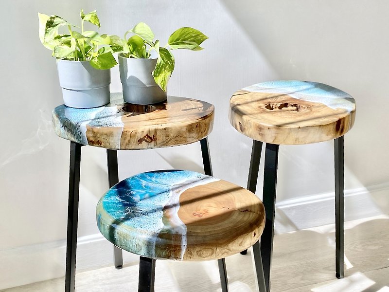 Side Table, Raw Wood, Live Edge , Home Deco, Housewarming Gift, Ocean & Beach - Other Furniture - Wood Blue