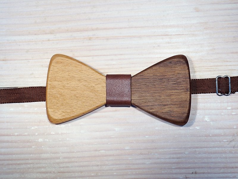 Natural log bow tie-beech + walnut + brown leather (wedding/new couple/formal occasion) - Other - Wood Brown