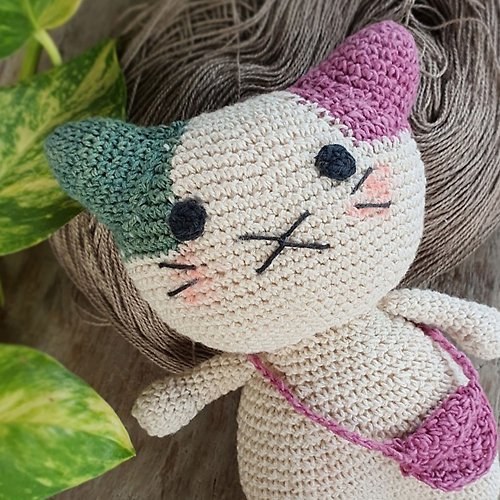 ChiangmaiCotton Natural Dyed Cotton Crochet Doll, Kitty Cat, Kitten, Green Pink