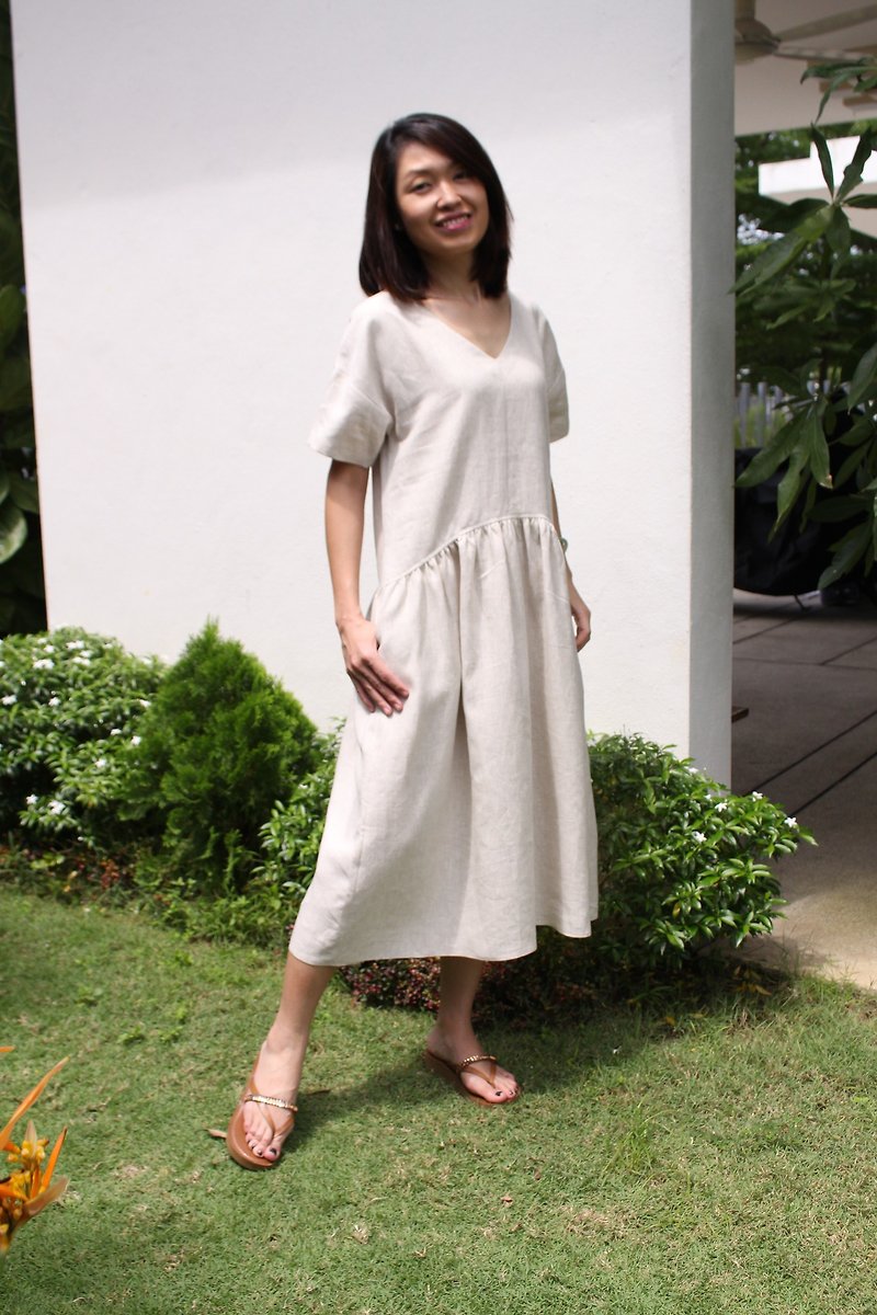 Sheath Linen Dress /V Neckline /Knee Length /Short Sleeved / Linen Dress EP-D651 - One Piece Dresses - Linen 