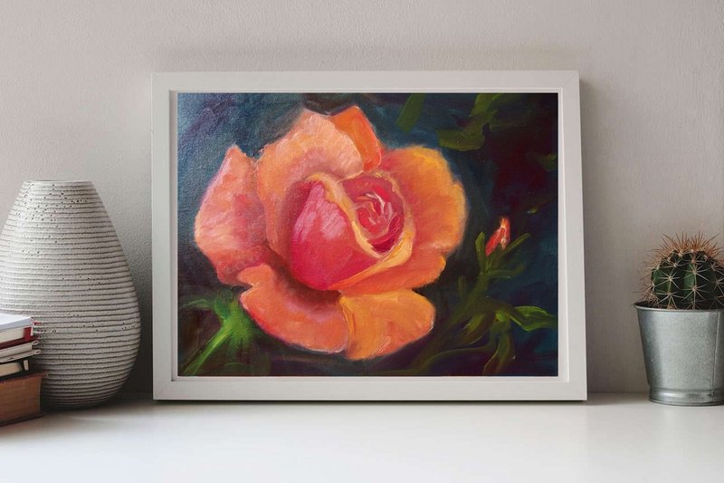 Oil painting orange yellow rose close up view on dark background exclusive art - ตกแต่งผนัง - วัสดุอื่นๆ สีส้ม