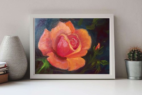 Contrast Painting Oil painting orange yellow rose close up view on dark background exclusive art