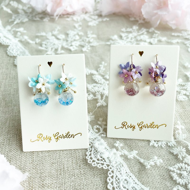 Rosy Garden Fabric flower with water inside glass ball earrings - Earrings & Clip-ons - Glass Multicolor