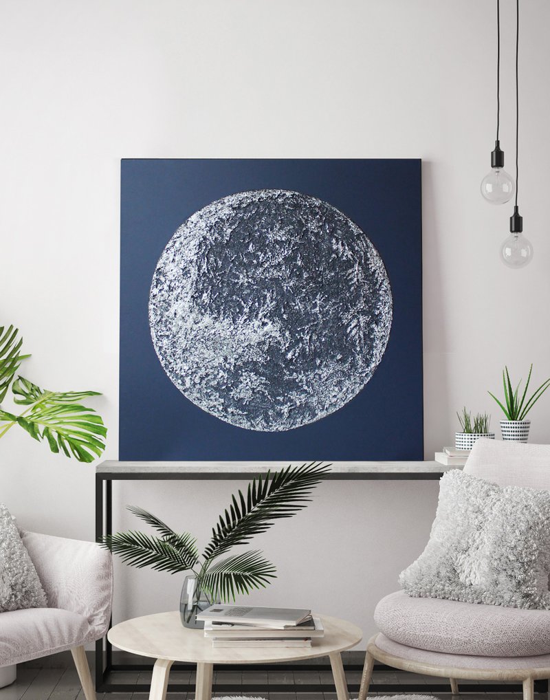 Blue Silver Painting |  Blue Silver Abstract | Silver Wall Art | Silver Moon - 壁貼/牆壁裝飾 - 棉．麻 銀色