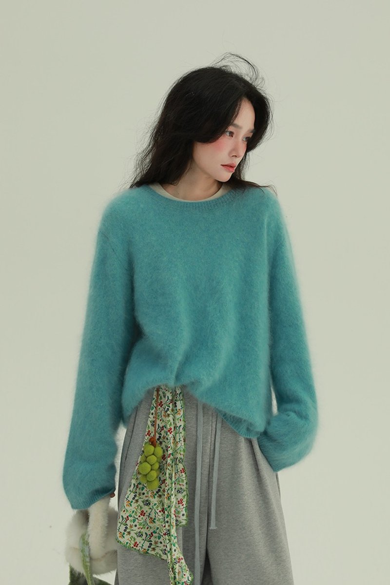 2顏色 奶油泡芙 100%圓領羊毛上衣 寬鬆舒適簡約休閒針織上衣 - 女毛衣/針織衫 - 羊毛 藍色