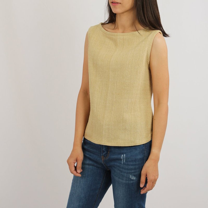 Cotton Hemp Boat Neck Blouse, Yellow - 女上衣/長袖上衣 - 棉．麻 黃色