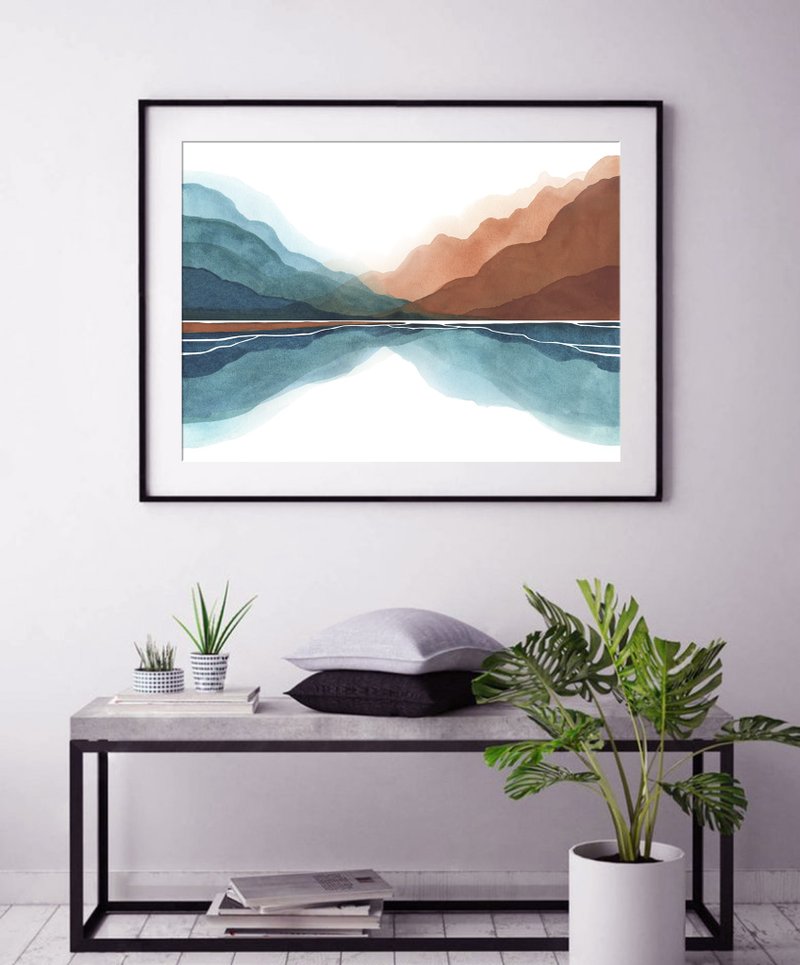 Mountain Lake Art Print Abstract Coastal Landscape Watercolor Painting Wall Art - Posters - Paper Blue