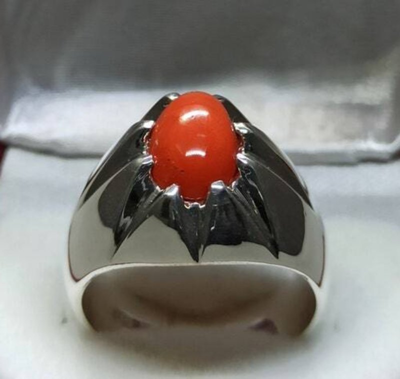 Natural Deep Red Australian Coral Mens Ring Sterling Silver 925 Dark Red marjan - 戒指 - 寶石 紅色