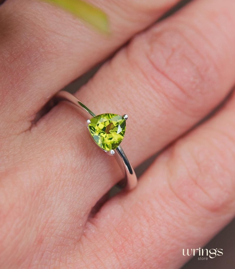 Classic Silver Solitaire Peridot Engagement Ring Delicate Trilliant Cut - General Rings - Sterling Silver Green