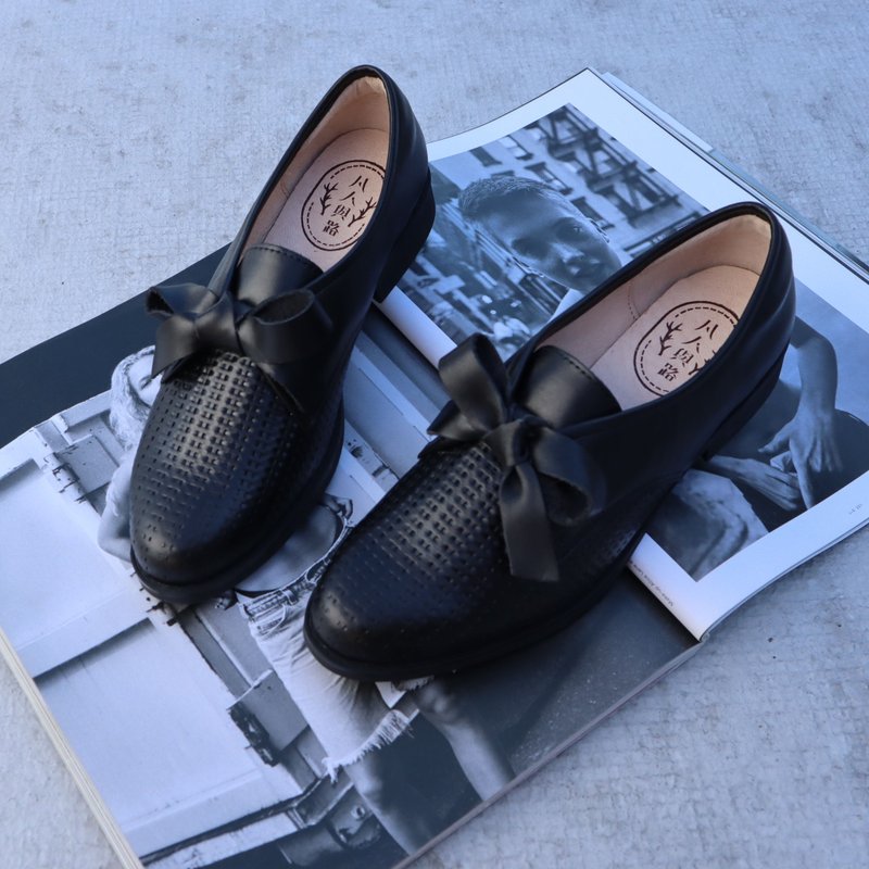 [Black Leather Daily] Black Leather Shoes Oxford Shoes Bow Tie - รองเท้าอ็อกฟอร์ดผู้หญิง - หนังแท้ สีดำ