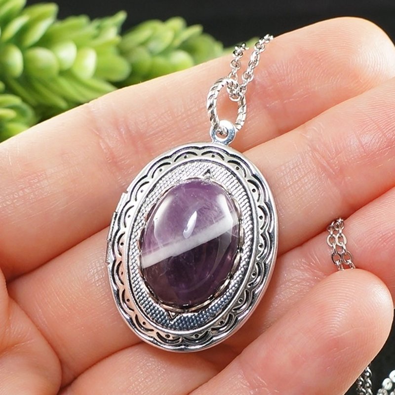 Silver Photo Locket Purple Violet Amethyst Keepsake Pendant Necklace Jewelry - 項鍊 - 寶石 紫色