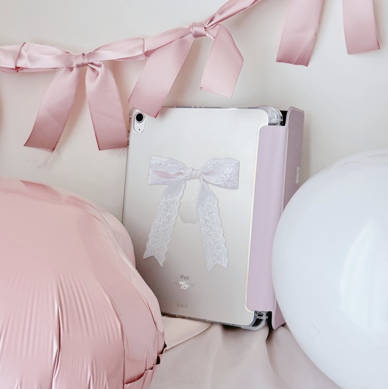 【The Pink Lace Ribbon Party】Transparent frosted book-style iPad protective case - Other - Silicone 