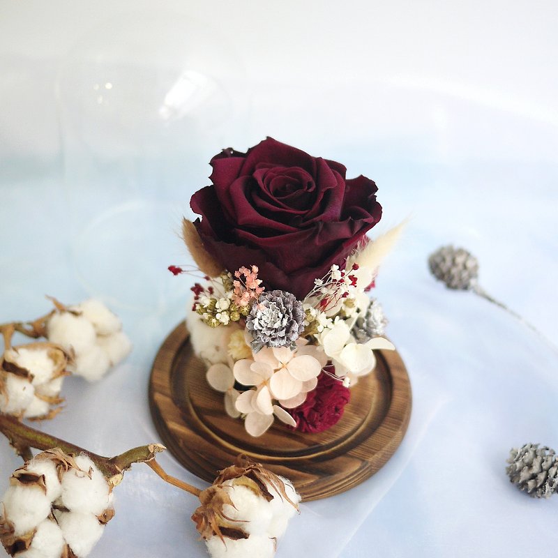 Christmas tribute-immortal flower with wine red rose glass cover - ช่อดอกไม้แห้ง - พืช/ดอกไม้ สีแดง