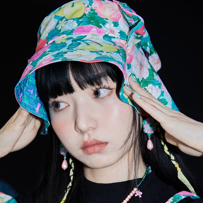 花朵與櫻桃 復古印花 蝴蝶結太陽帽漁夫帽 - 帽子 - 其他材質 多色