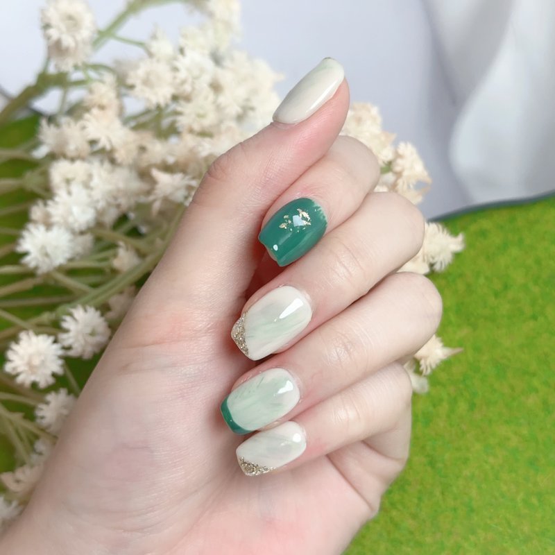 press on nail hand-painted jade green ombre french fake nail reusable - ยาทาเล็บ - วัสดุอื่นๆ สีเขียว