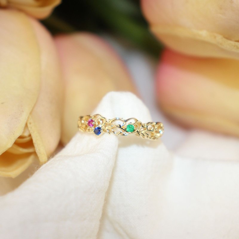 【クラシカルな彫刻】14/18Kゴールド アカンサス模様リング レトロ彫刻 ルビー/サファイア エメラルド - リング・指輪 - 貴金属 ゴールド