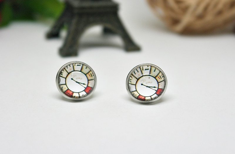 Time Gemstone X Stainless Steel pin earrings ＊红格钟＊ #快乐# - ต่างหู - โลหะ สีแดง