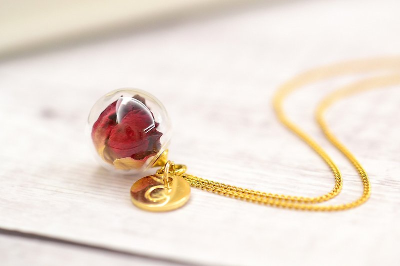 Real Rose Petal in Glass Ball Stainless Steel Necklace - Necklaces - Glass Red