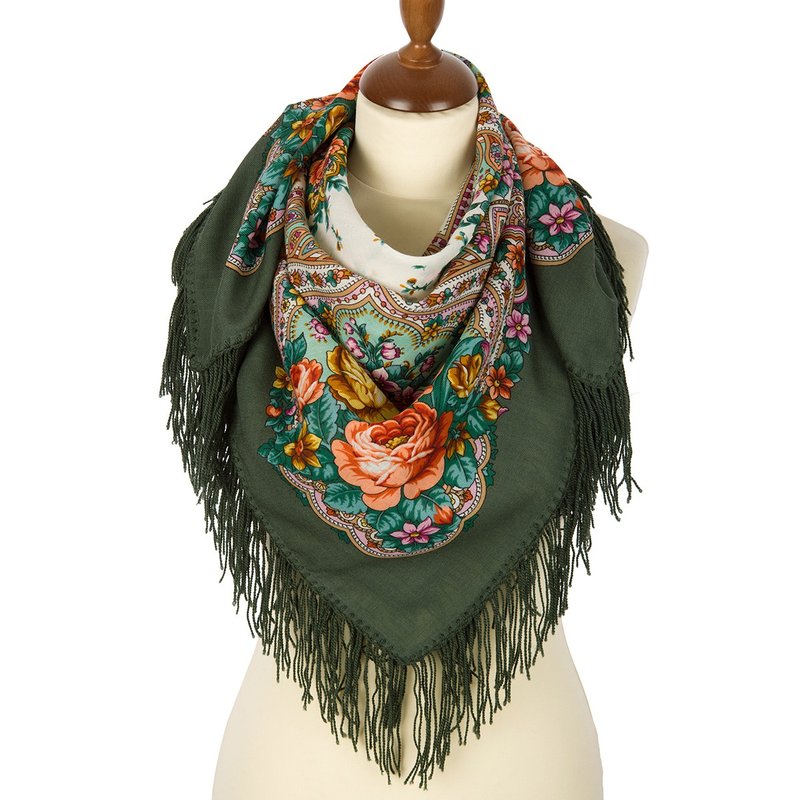 Authentic Pavlovo Posad Russian Shawl Scarf Soft 100% Wool 89x89 cm 1706-9 - 絲巾 - 羊毛 綠色