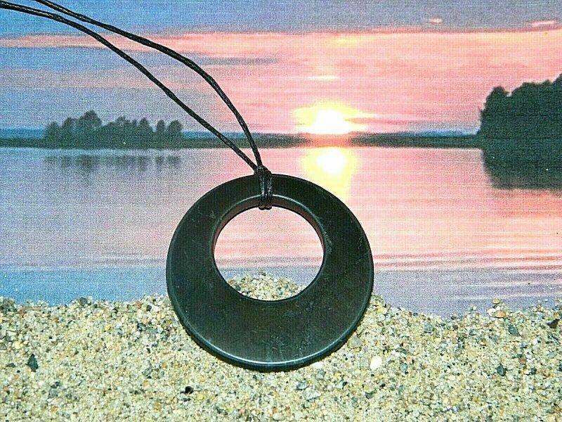 Shungite necklace, shungite double circle pendant, black jewelry, healing stone - Necklaces - Stone Black