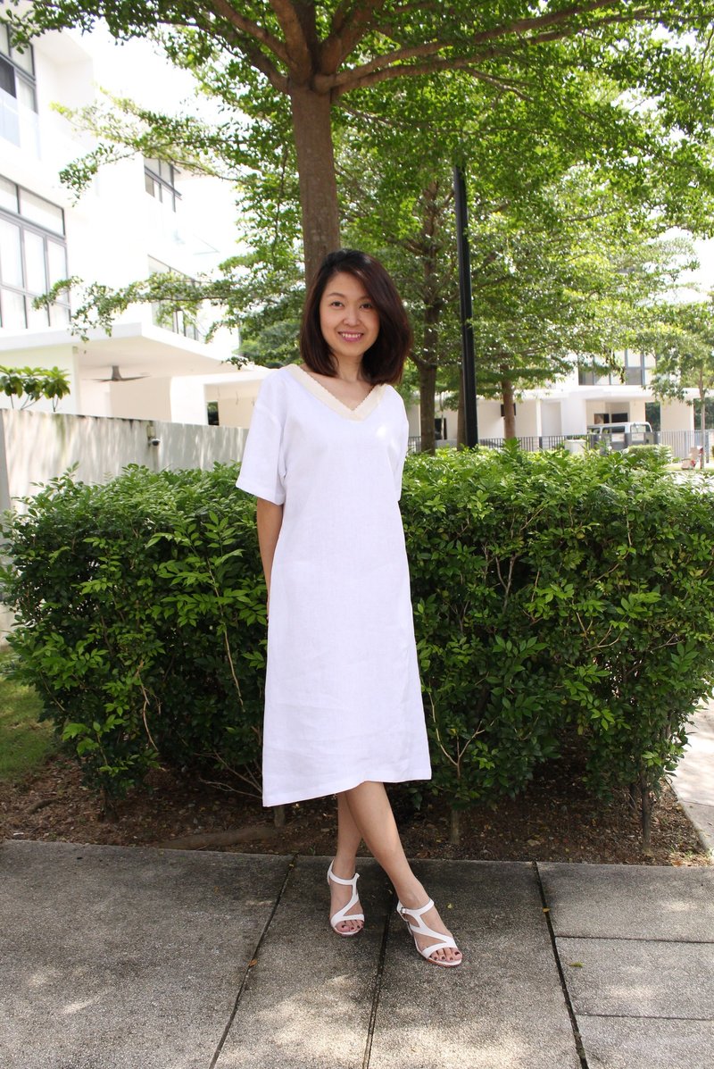 Lace Neckline / Linen Dress / 3/4 Sleeved / Lace Linen Dress /  EP-D652 - ชุดเดรส - ลินิน 