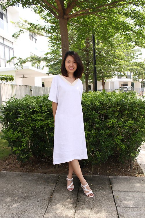 PLOVERY Lace Neckline / Linen Dress / 3/4 Sleeved / Lace Linen Dress / EP-D652