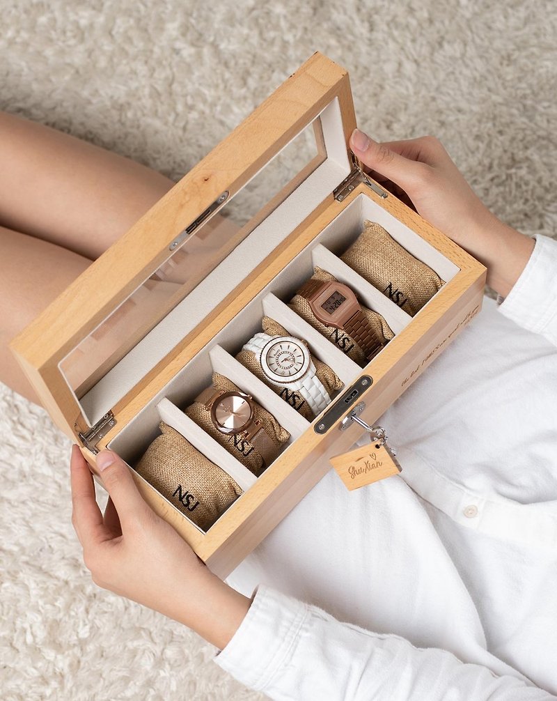 【可客製化】手作櫸木高檔手錶盒 (5格) - 對錶/情侶錶 - 木頭 