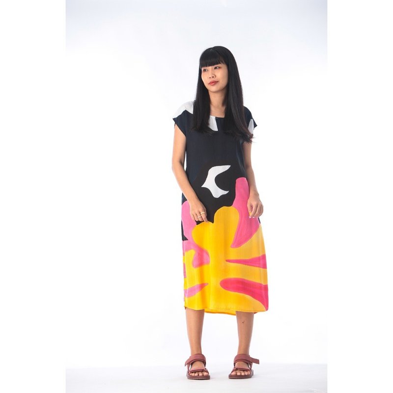 Long Dress Cotton Rayon Hand Paint - 洋裝/連身裙 - 棉．麻 藍色