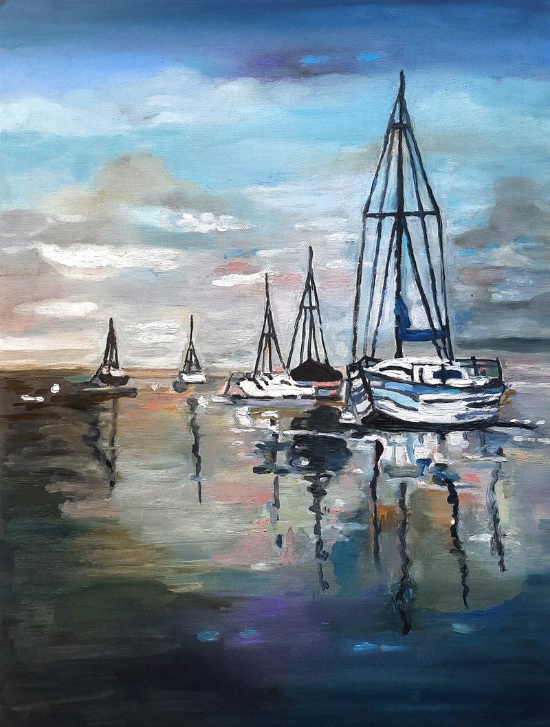 Sailboat  Painting  Original Art  Oil Painting  Wall Decor Oil On Canvas - 壁貼/牆壁裝飾 - 其他材質 灰色