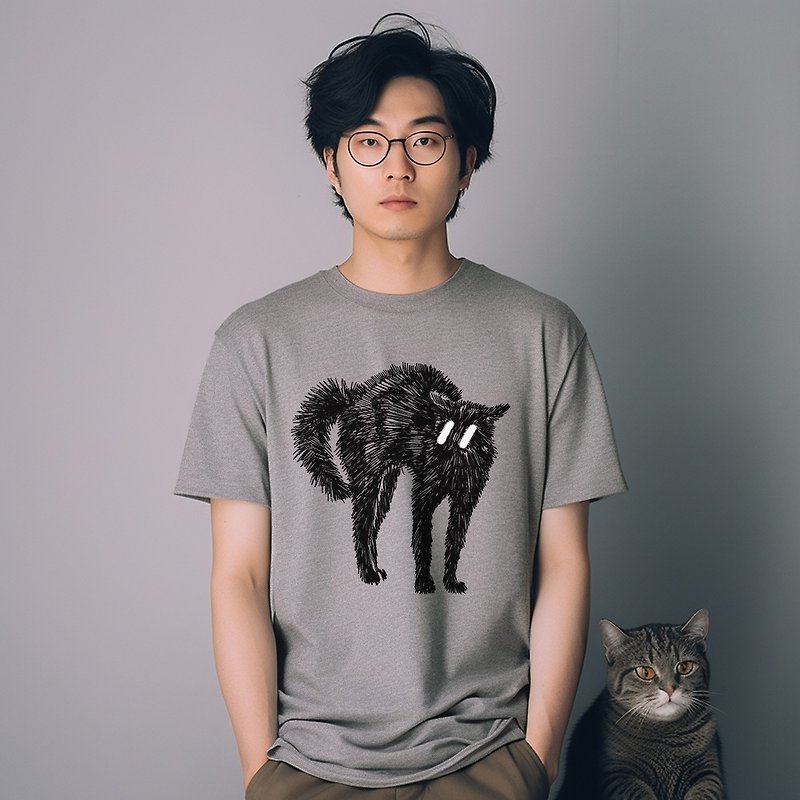 Soul Fried Cat Fanwu pure cotton men's and women's simple fashion loose printed T-shirt - เสื้อยืดผู้ชาย - ผ้าฝ้าย/ผ้าลินิน สีเทา