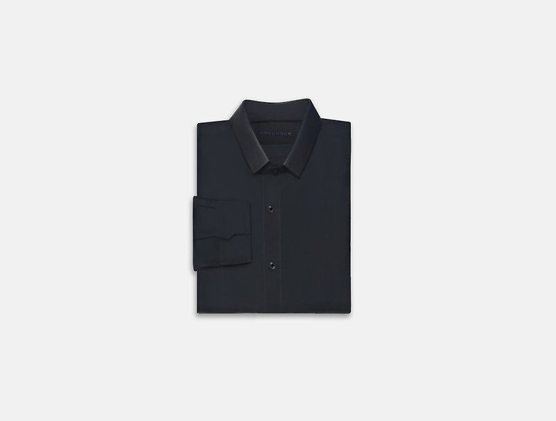 Black shirt with leather collar - เสื้อเชิ้ตผู้ชาย - ผ้าฝ้าย/ผ้าลินิน สีดำ