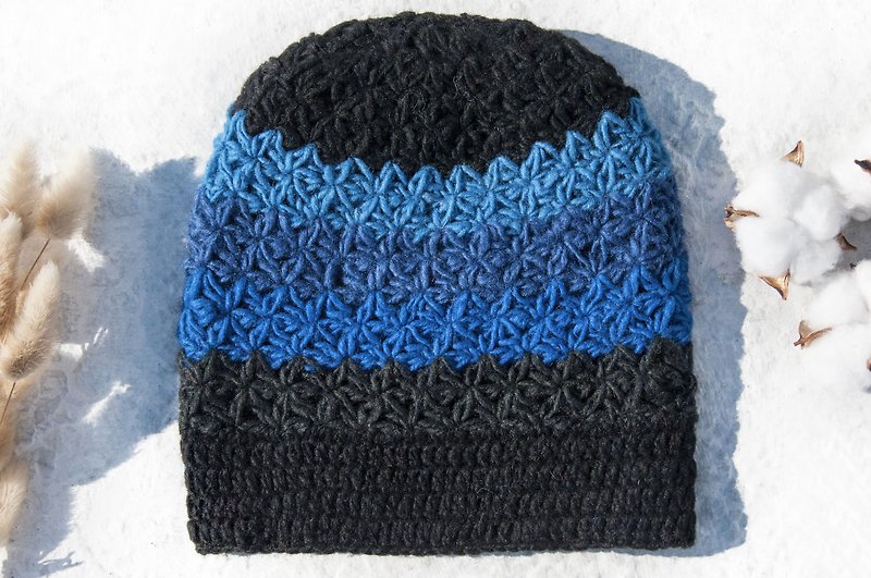 Hand-knitted pure wool hat/knitted hat/knitted woolen hat/inner bristles hand-knitted woolen hat/wool hat-blue ocean - Hats & Caps - Wool Blue