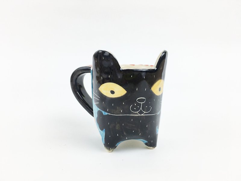 Nice Little Clay hand ear cup _ black round cat optional color 120319 - Mugs - Pottery Multicolor