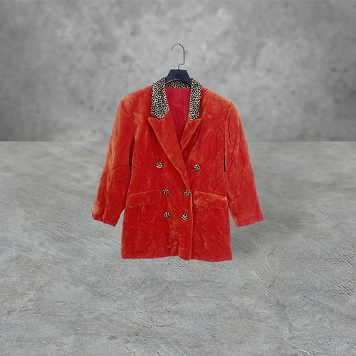 蘿綺莉蕾芭索 二手 深橘色 絨布 微厚挺 拼接豹紋絨 西裝 輕薄 外套 OPME19