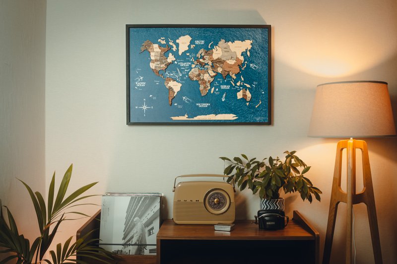 Wooden Map, World Map, 5th Anniversary Gift, Framed Wall Art, 3D World Map - 壁貼/牆壁裝飾 - 木頭 