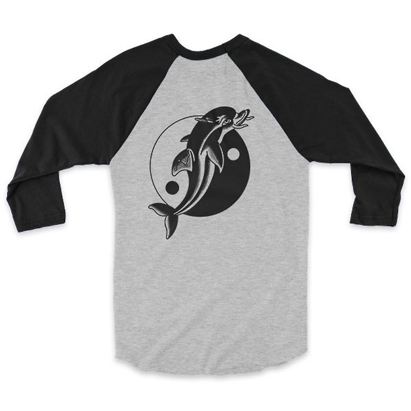Taiji dolphin - gray / black - Sleeve Baseball T-Shirt - เสื้อยืดผู้ชาย - ผ้าฝ้าย/ผ้าลินิน สีเทา