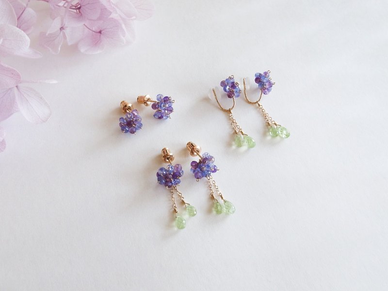 14KGF Amethyst × Tanzanite Hydrangea/Hydrangea Natural Stone Earrings - Earrings & Clip-ons - Gemstone Purple