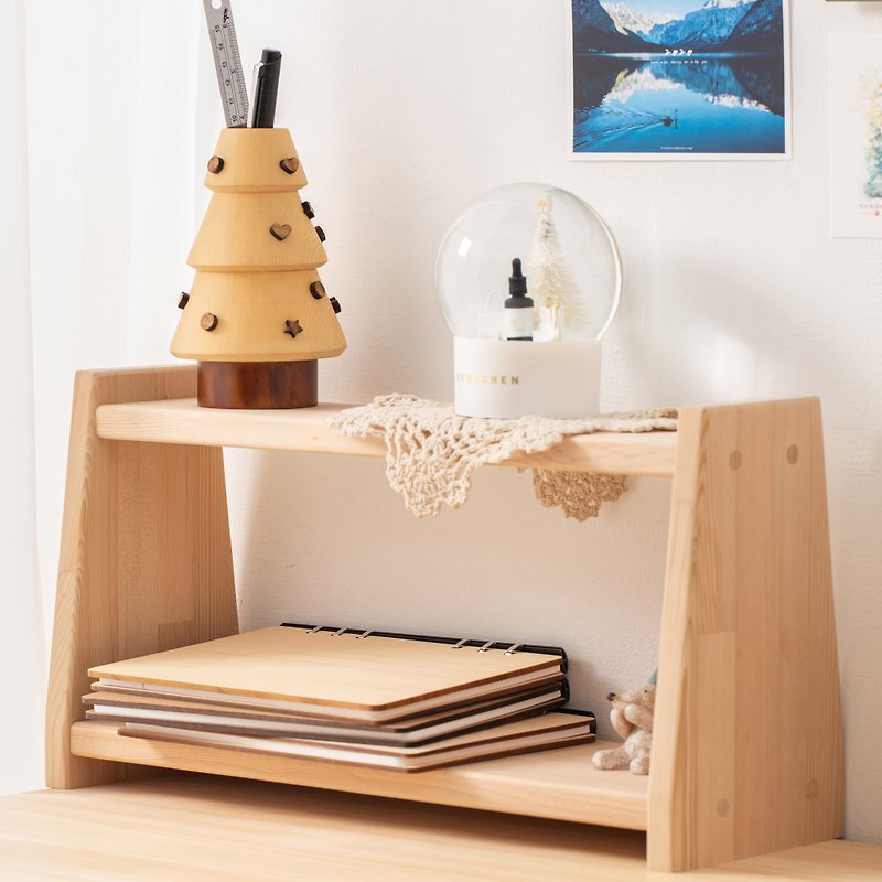 Log double shelf desk, study and kitchen storage recommended good things natural solid wood primary color light color - กล่องเก็บของ - ไม้ สีกากี