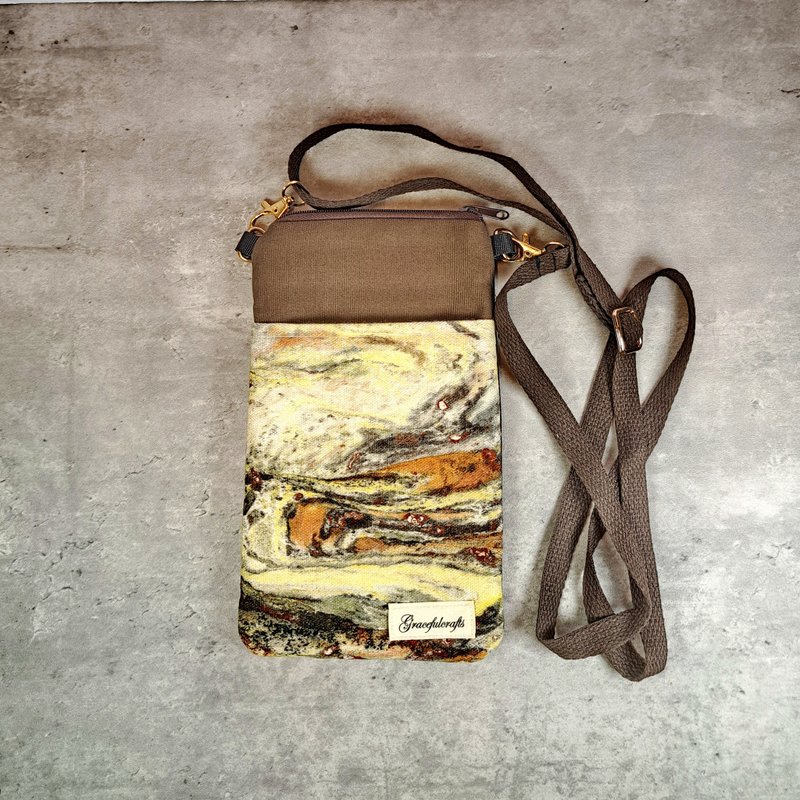 Phone Sling Bag / Mobile Pouch / Phone Bag / Lightweight Shoulder Bag [Tie-Dye Series: PBC-2503] - กระเป๋าแมสเซนเจอร์ - ผ้าฝ้าย/ผ้าลินิน สีนำ้ตาล