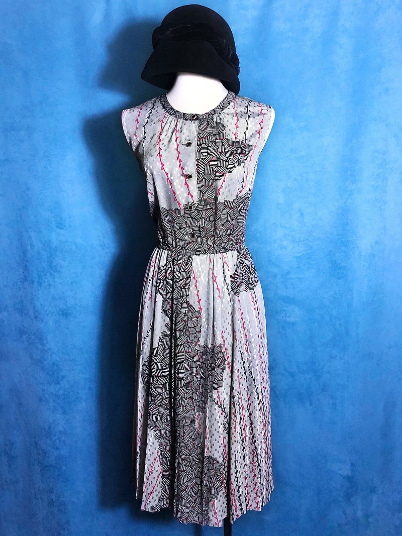 Japanese-style printed textured sleeveless vintage dress / brought back to VINTAGE abroad - ชุดเดรส - เส้นใยสังเคราะห์ สีเงิน